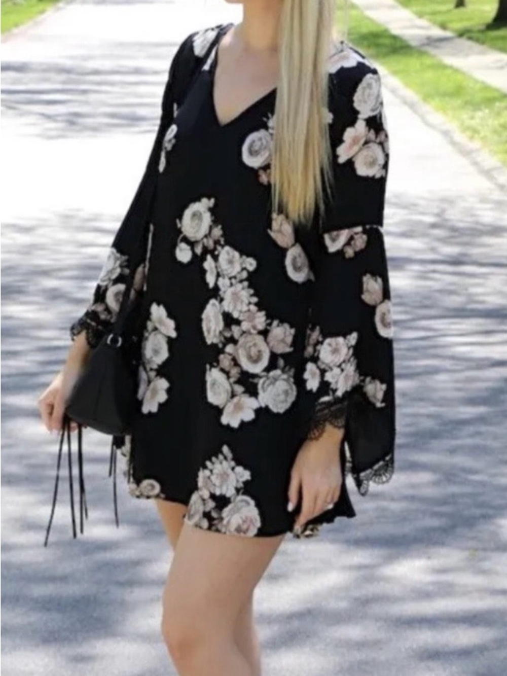ASTR Black Mini Dress with Pink Cream Floral Print